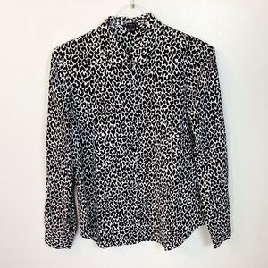 Theory Andrea Long Sleeve Cheetah Print Silk Button Up Blouse - Black/White - S